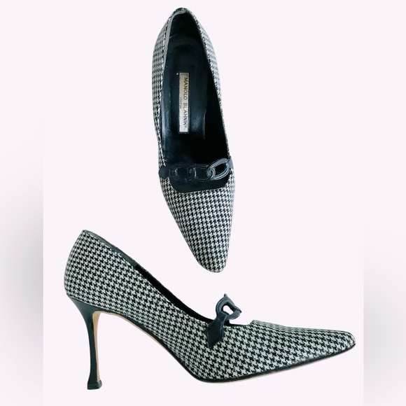 MANOLO BLAHNIK HEELED MARY JANE PLAID FABRIC SIZE 37.5 PUMPS - Picture 1 of 8